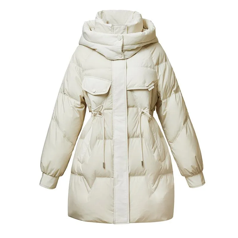 Hooded Thigh-Length Cinched Waist Down Coat