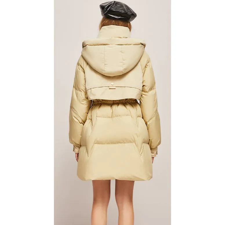 Hooded Thigh-Length Cinched Waist Down Coat