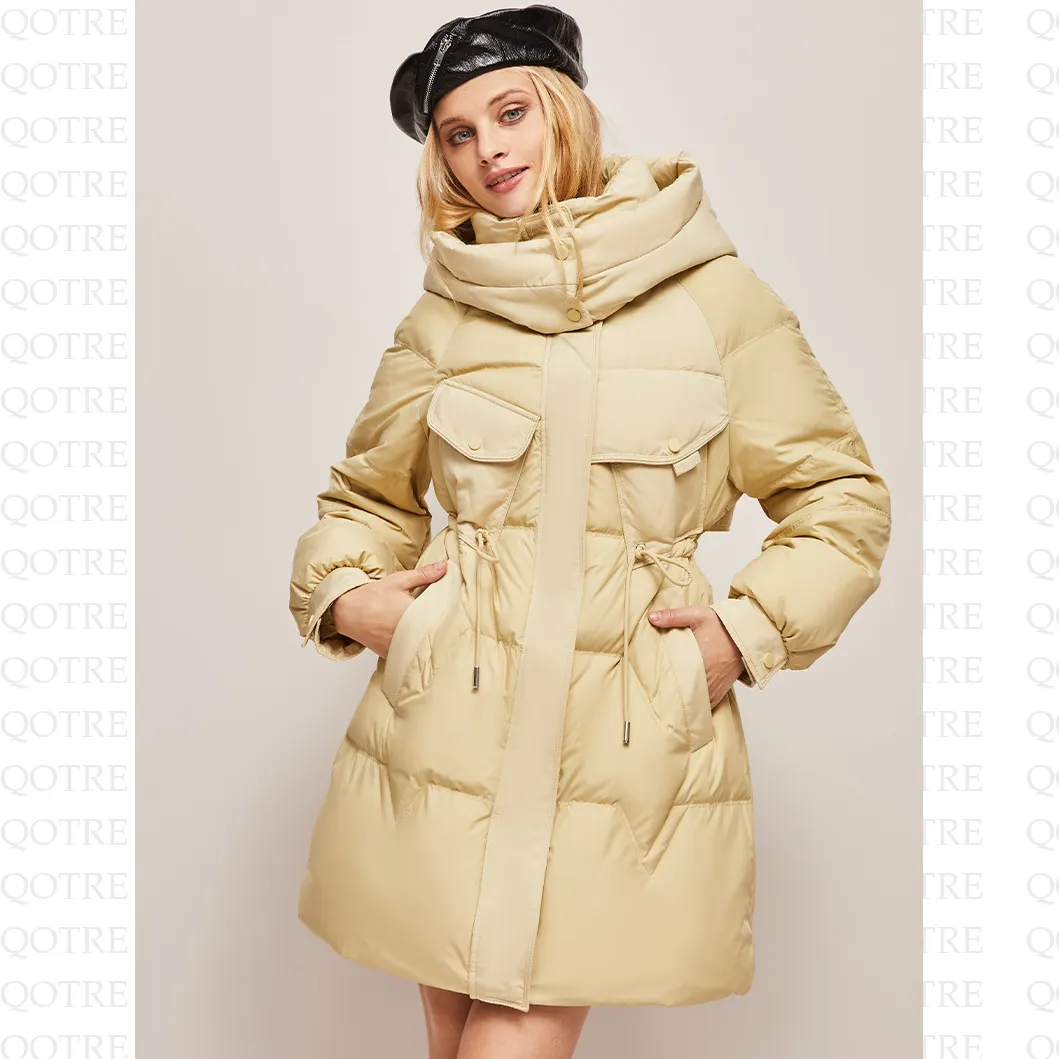 Hooded Thigh-Length Cinched Waist Down Coat