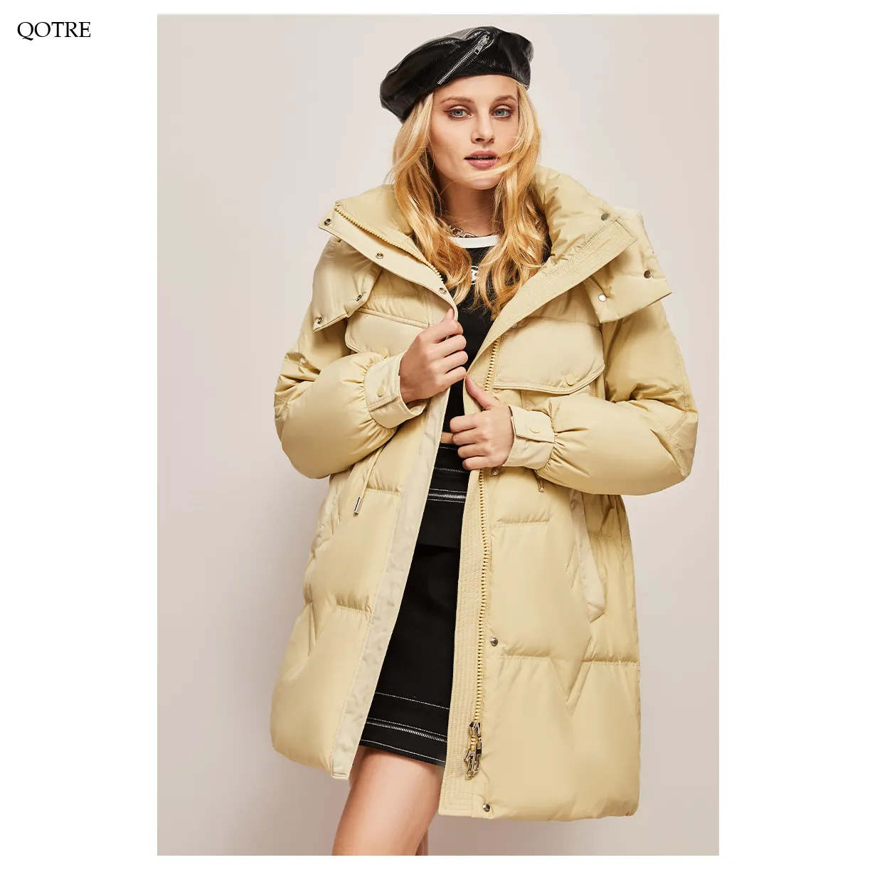 Hooded Thigh-Length Cinched Waist Down Coat