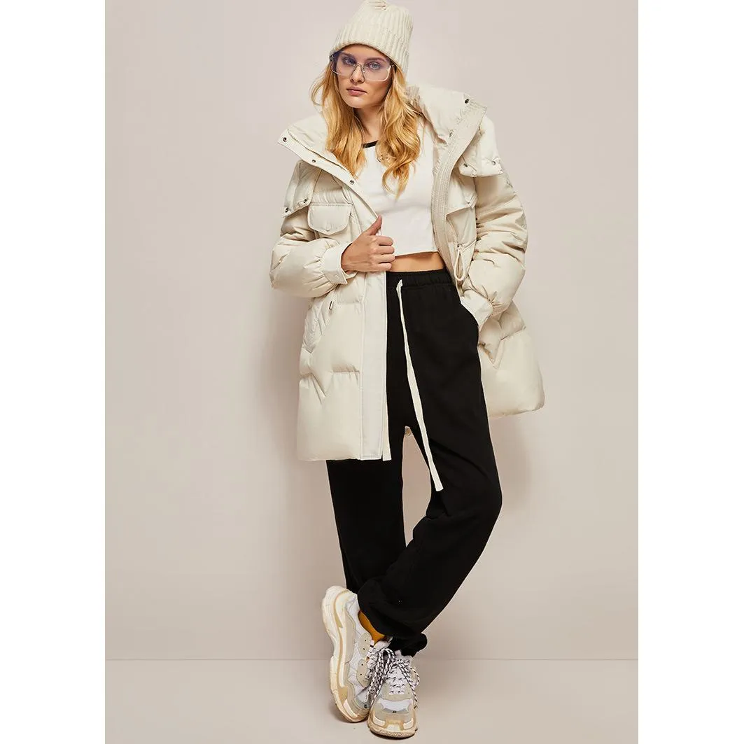 Hooded Thigh-Length Cinched Waist Down Coat