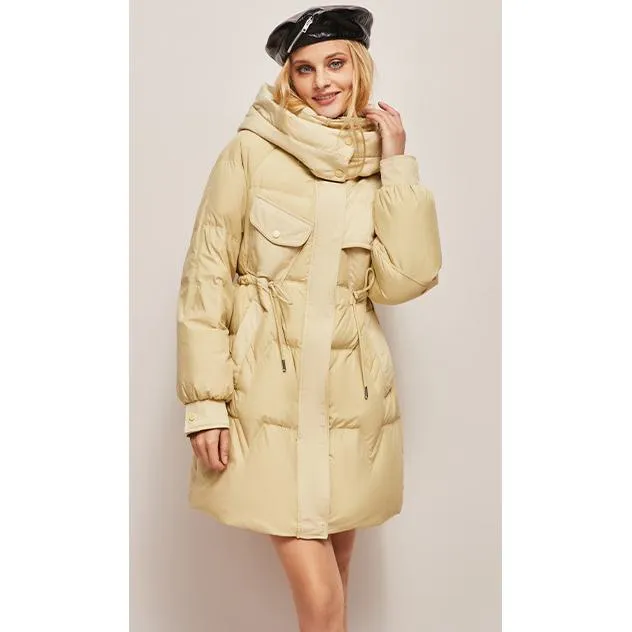 Hooded Thigh-Length Cinched Waist Down Coat