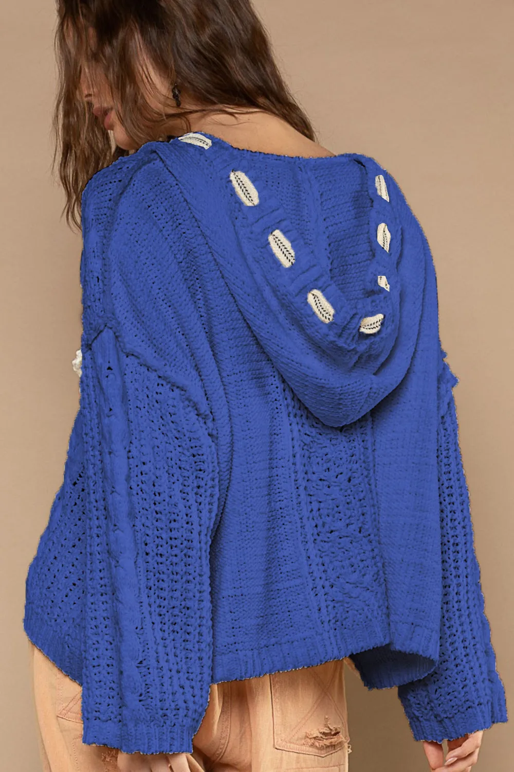 Hot Girl Cable Knit Hooded Chenille Sweater In Blue