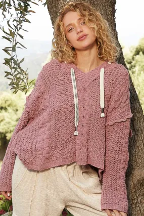 Hot Girl Cable Knit Hooded Chenille Sweater In Dusty Rose