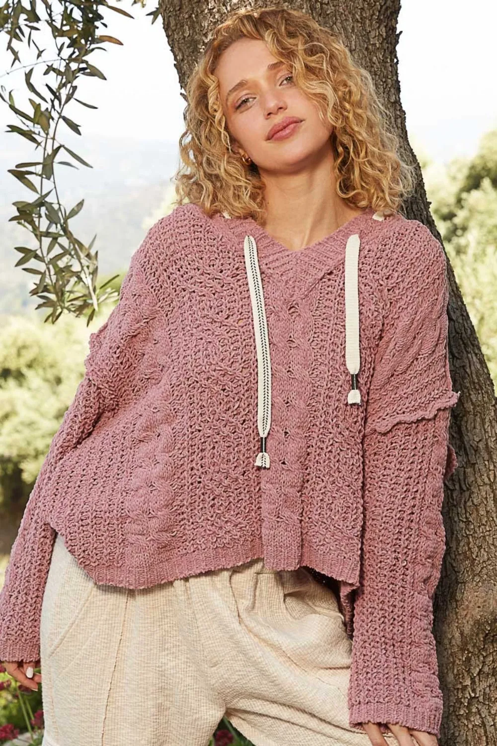 Hot Girl Cable Knit Hooded Chenille Sweater In Dusty Rose