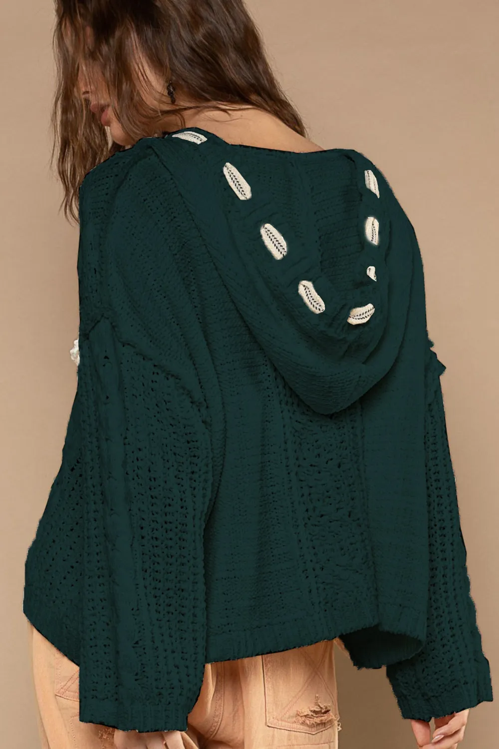 Hot Girl Cable Knit Hooded Chenille Sweater In Forest