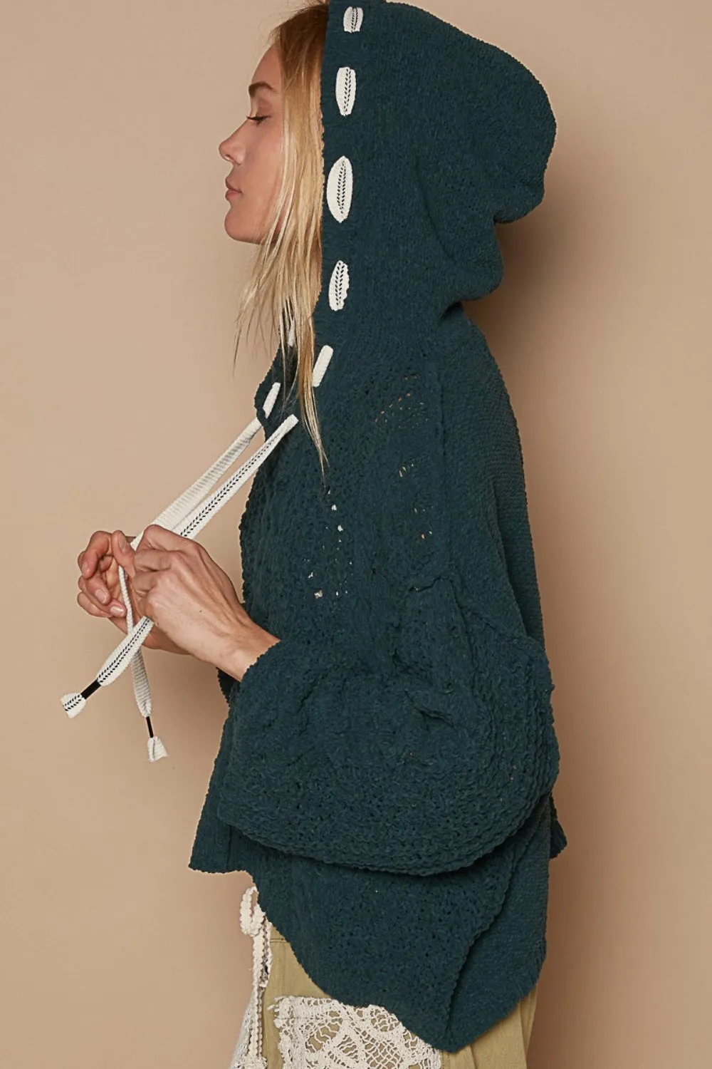 Hot Girl Cable Knit Hooded Chenille Sweater In Forest