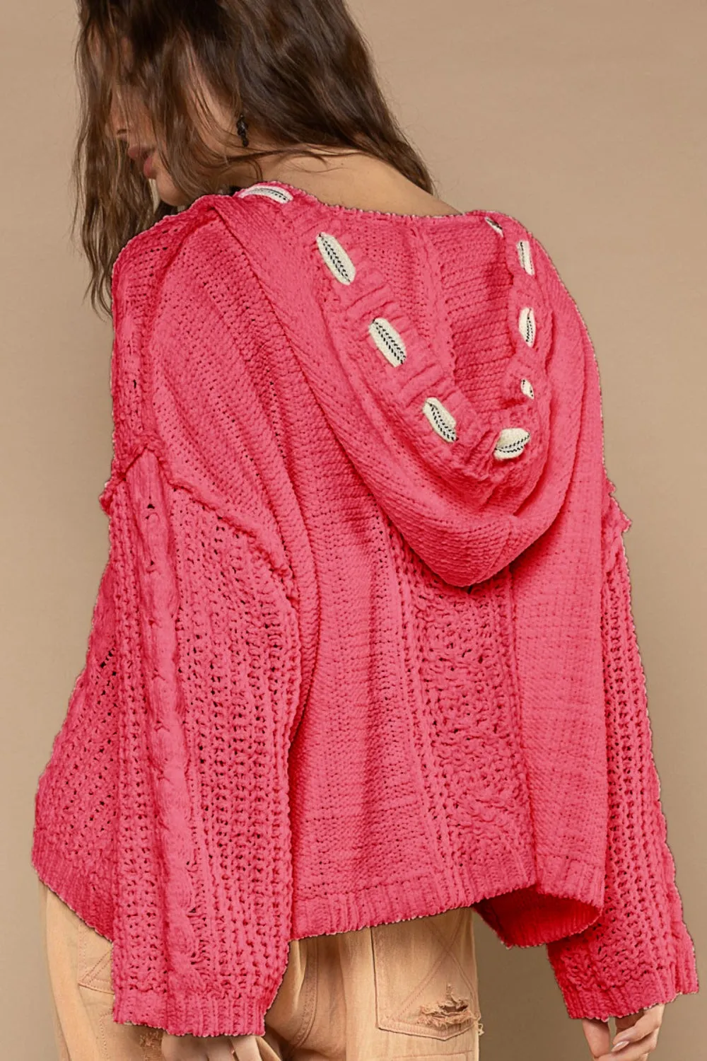 Hot Girl Cable Knit Hooded Chenille Sweater In Fuschia