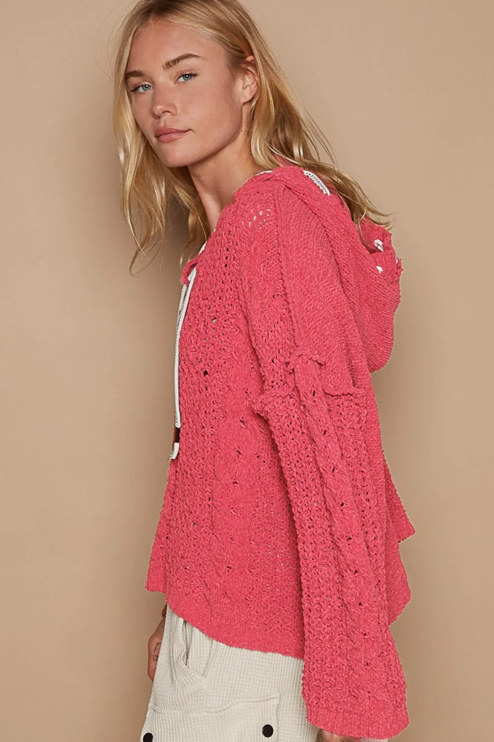 Hot Girl Cable Knit Hooded Chenille Sweater In Fuschia