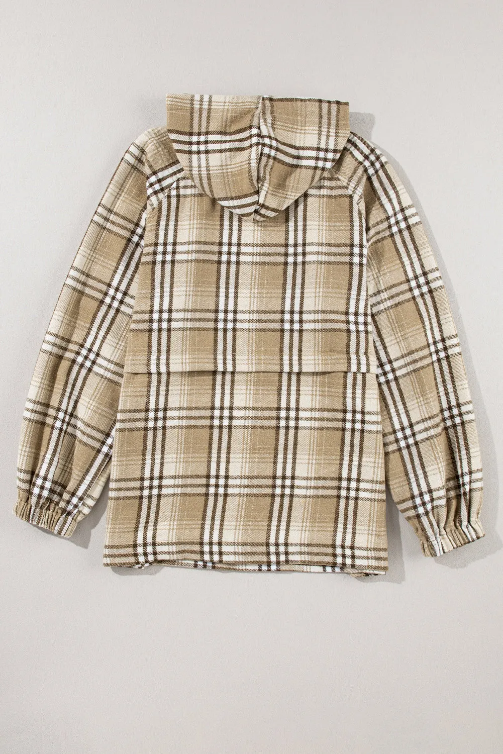 Khaki Printed Zipped Front Pullover Plaid Hoodie