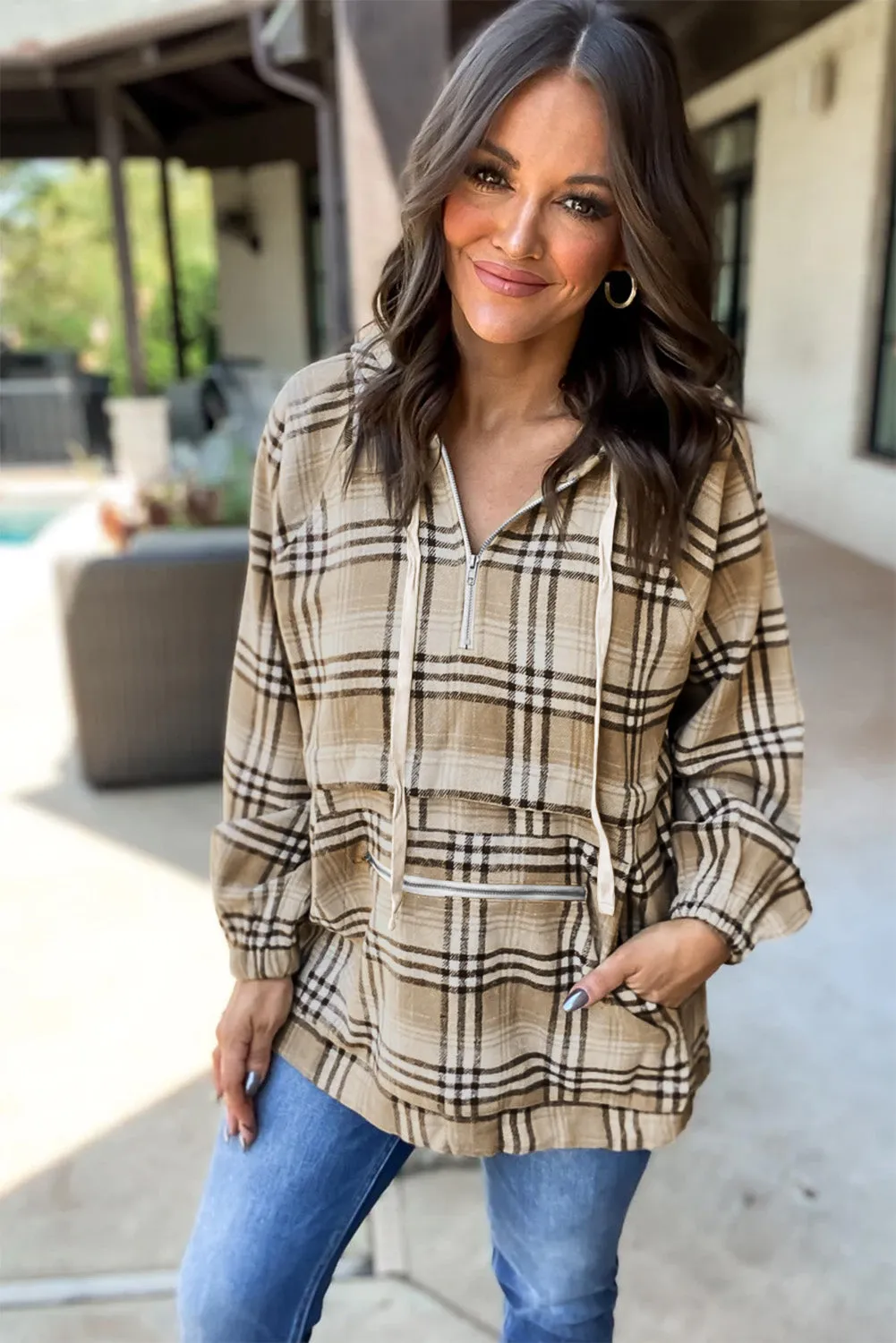 Khaki Printed Zipped Front Pullover Plaid Hoodie