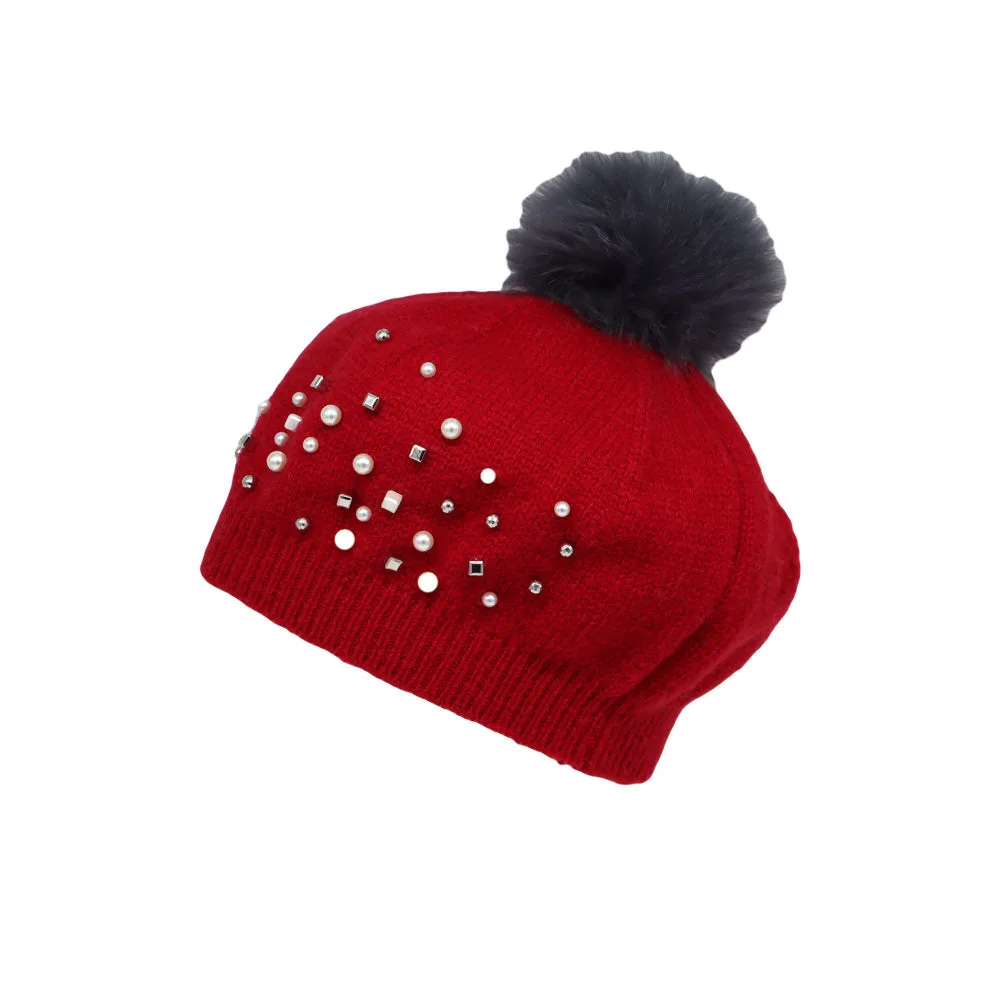 Knit Pom Pom Beanie Wool Slouchy Winter Women Pearl Hat SLP1234