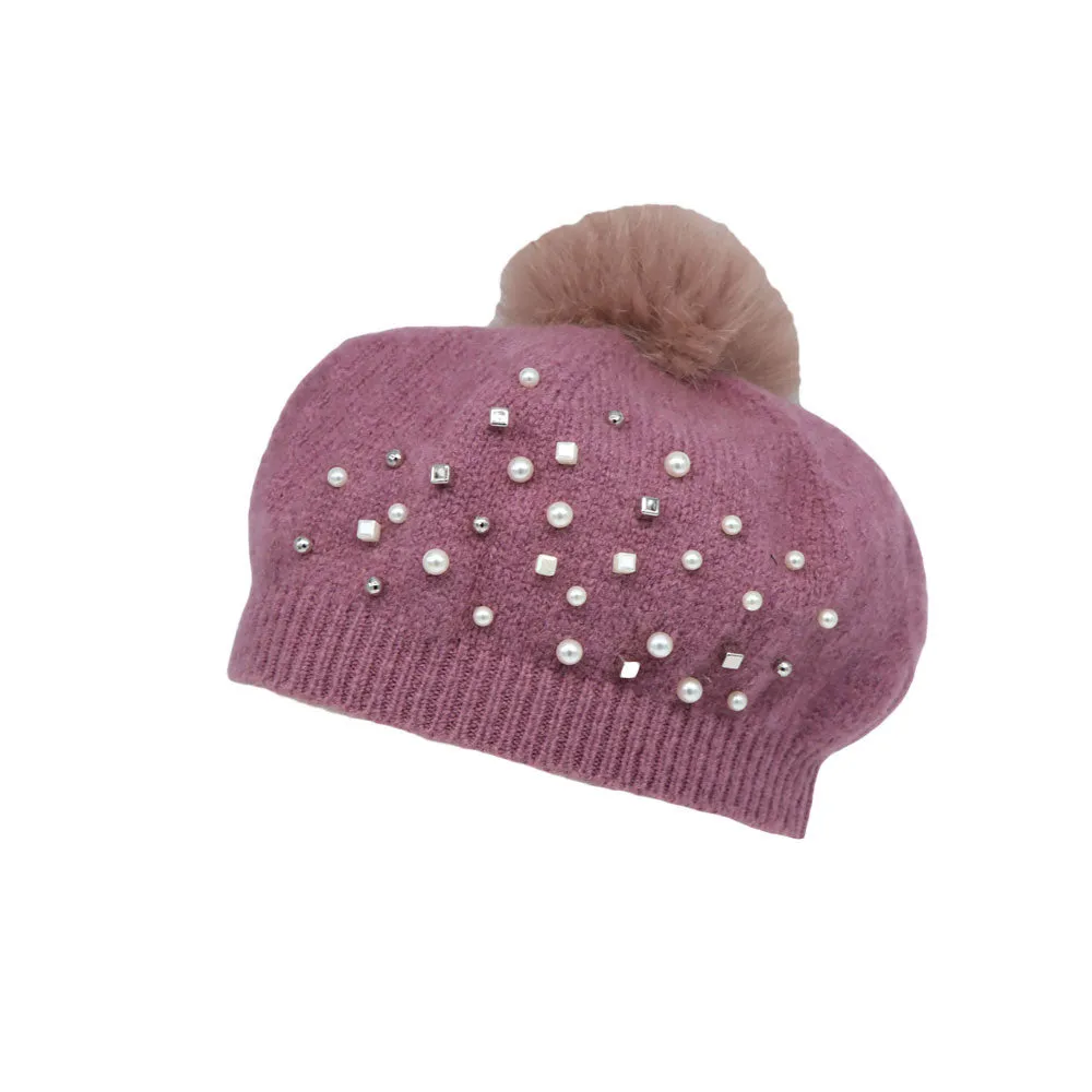 Knit Pom Pom Beanie Wool Slouchy Winter Women Pearl Hat SLP1234