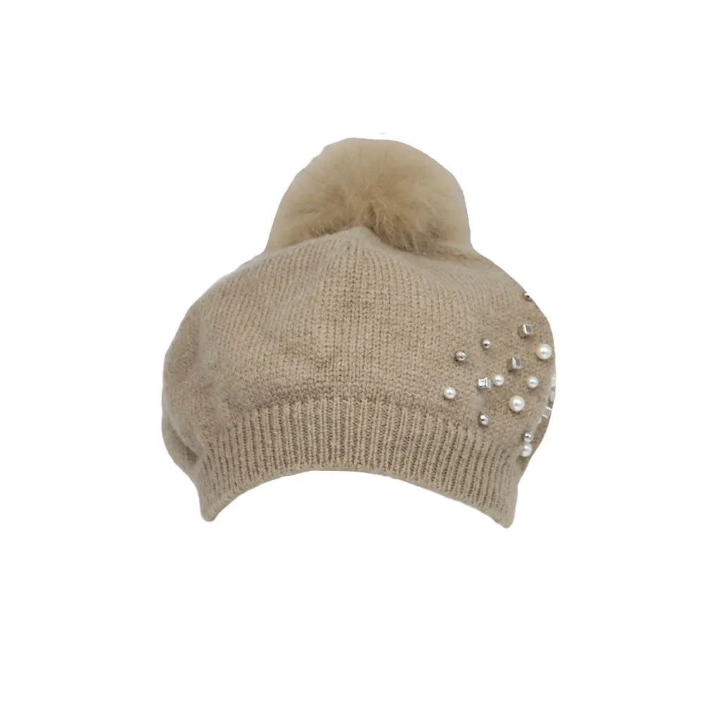 Knit Pom Pom Beanie Wool Slouchy Winter Women Pearl Hat SLP1234