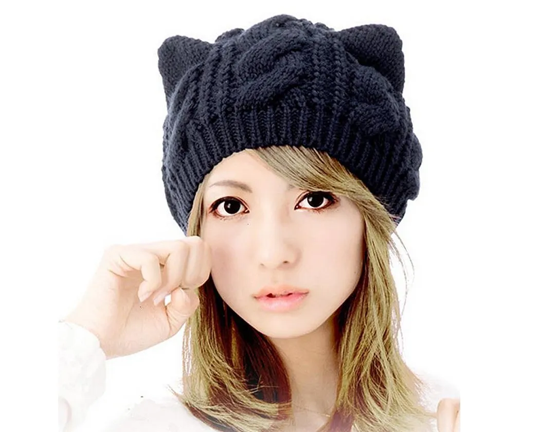 Korean Style Women Winter Cat Ear Knit Hat - Blue