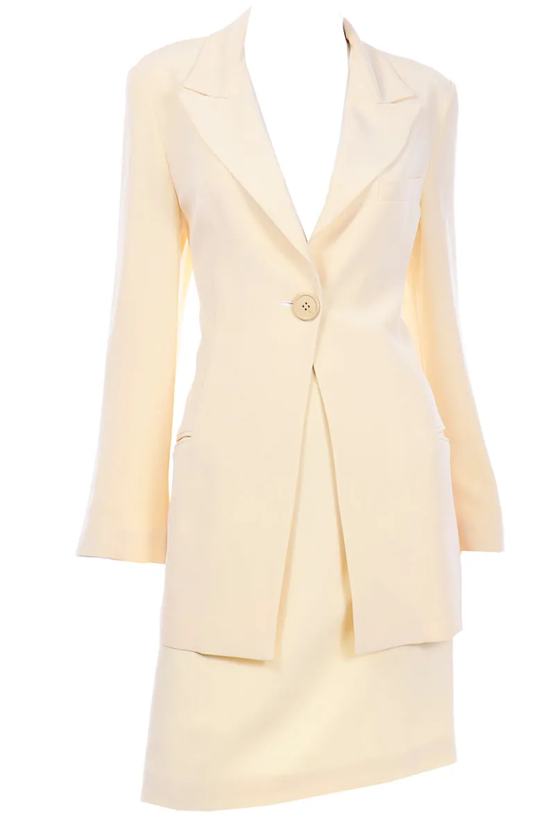 Krizia Cream Silk Blend Skirt and Long Blazer Jacket Suit