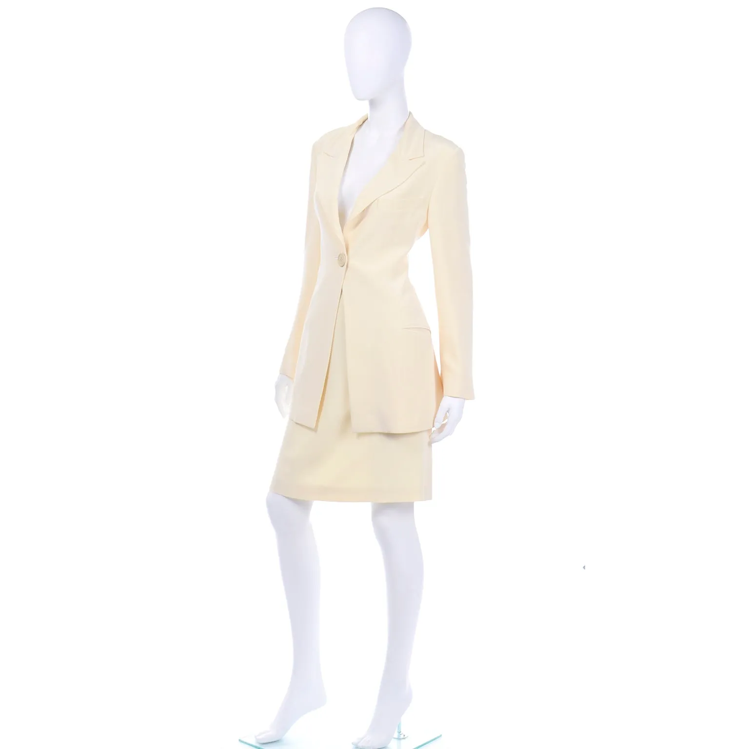 Krizia Cream Silk Blend Skirt and Long Blazer Jacket Suit