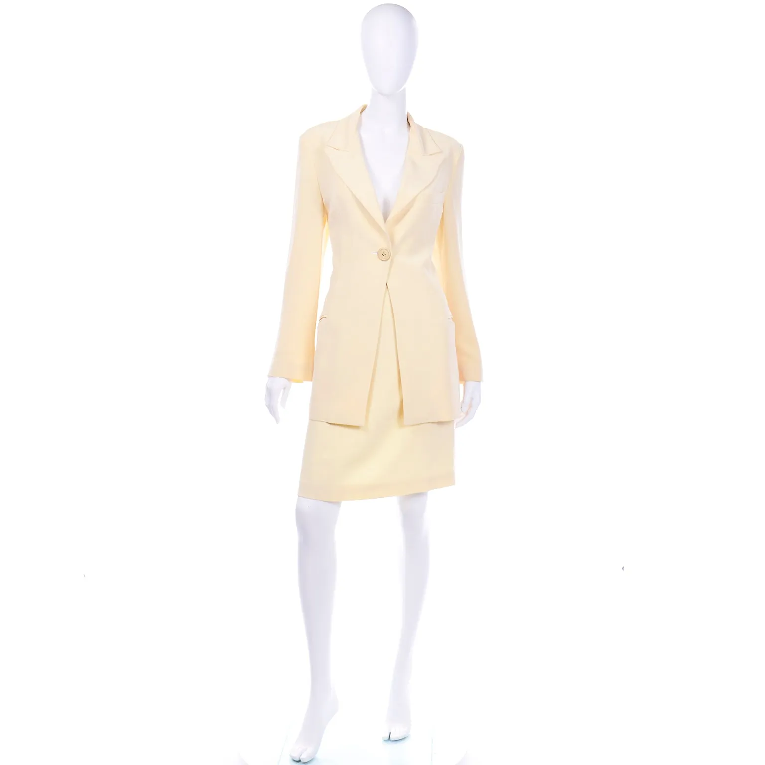 Krizia Cream Silk Blend Skirt and Long Blazer Jacket Suit