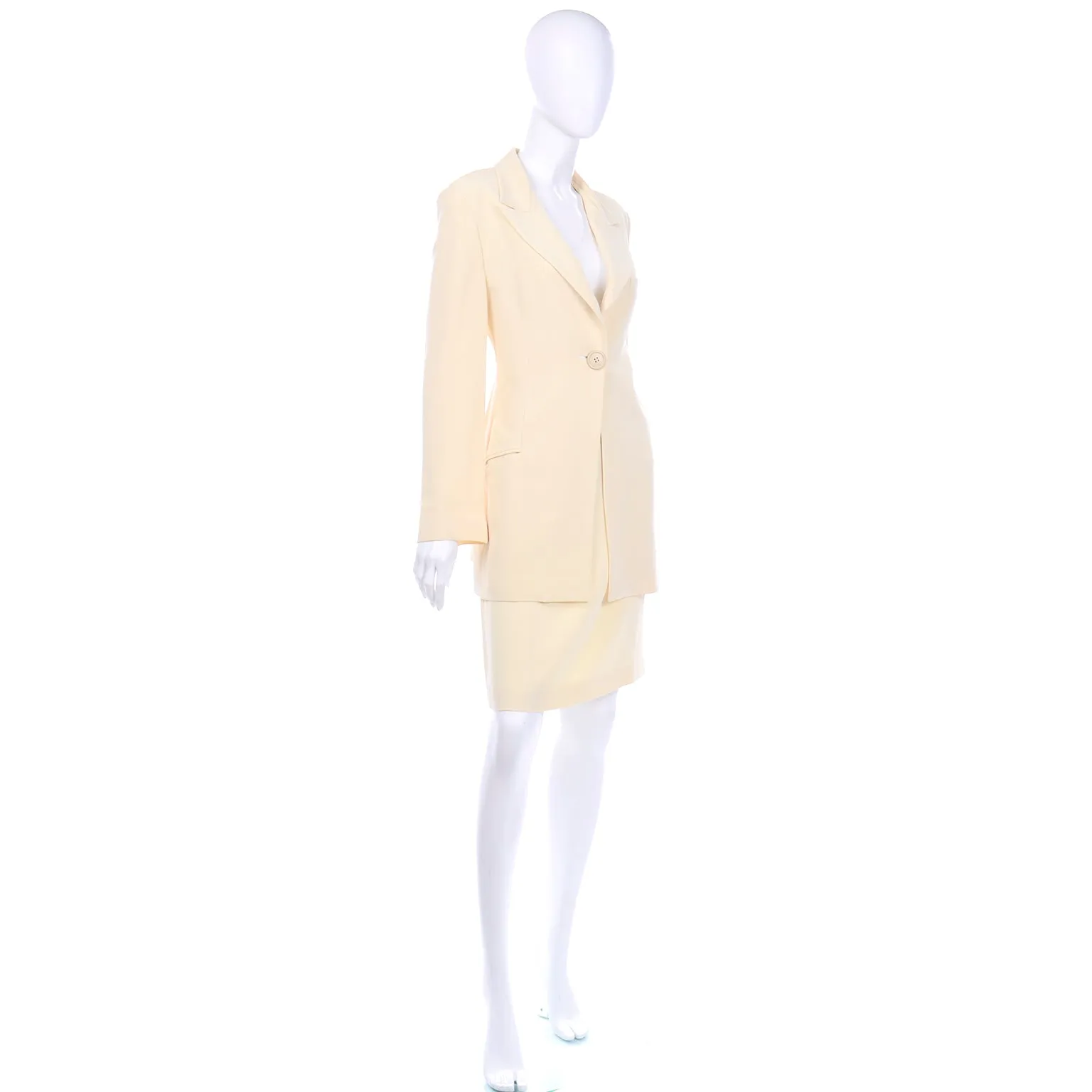 Krizia Cream Silk Blend Skirt and Long Blazer Jacket Suit