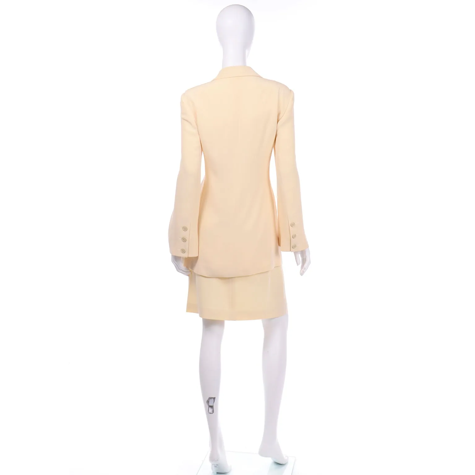 Krizia Cream Silk Blend Skirt and Long Blazer Jacket Suit