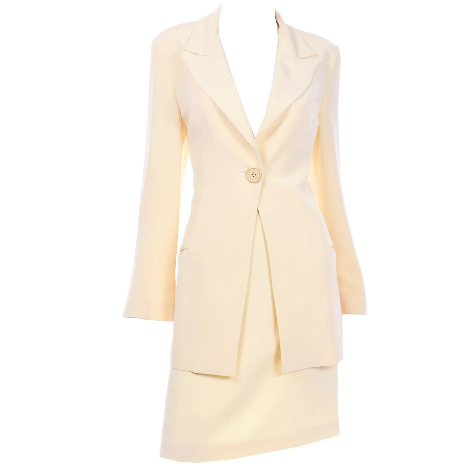 Krizia Cream Silk Blend Skirt and Long Blazer Jacket Suit