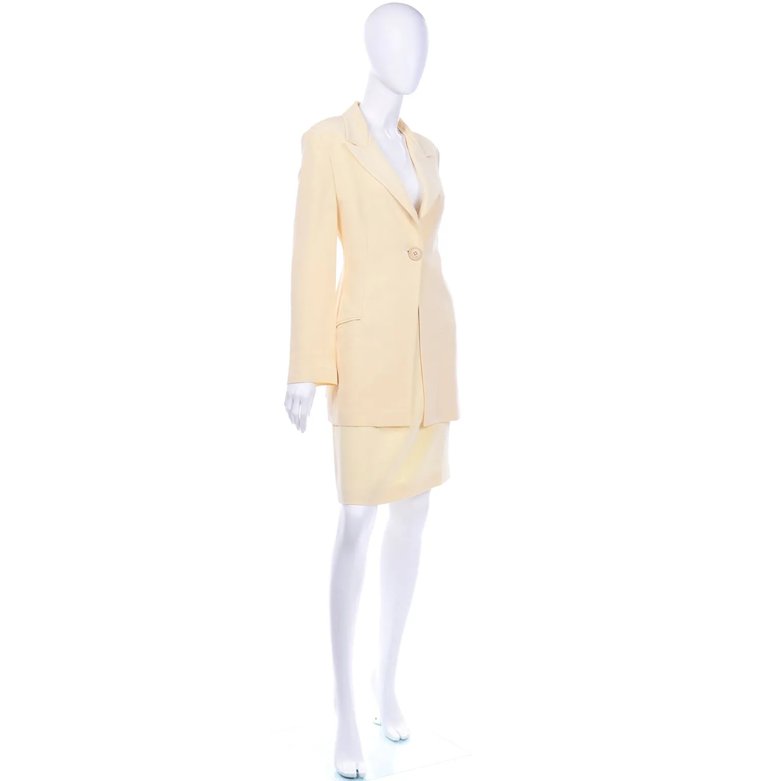 Krizia Cream Silk Blend Skirt and Long Blazer Jacket Suit