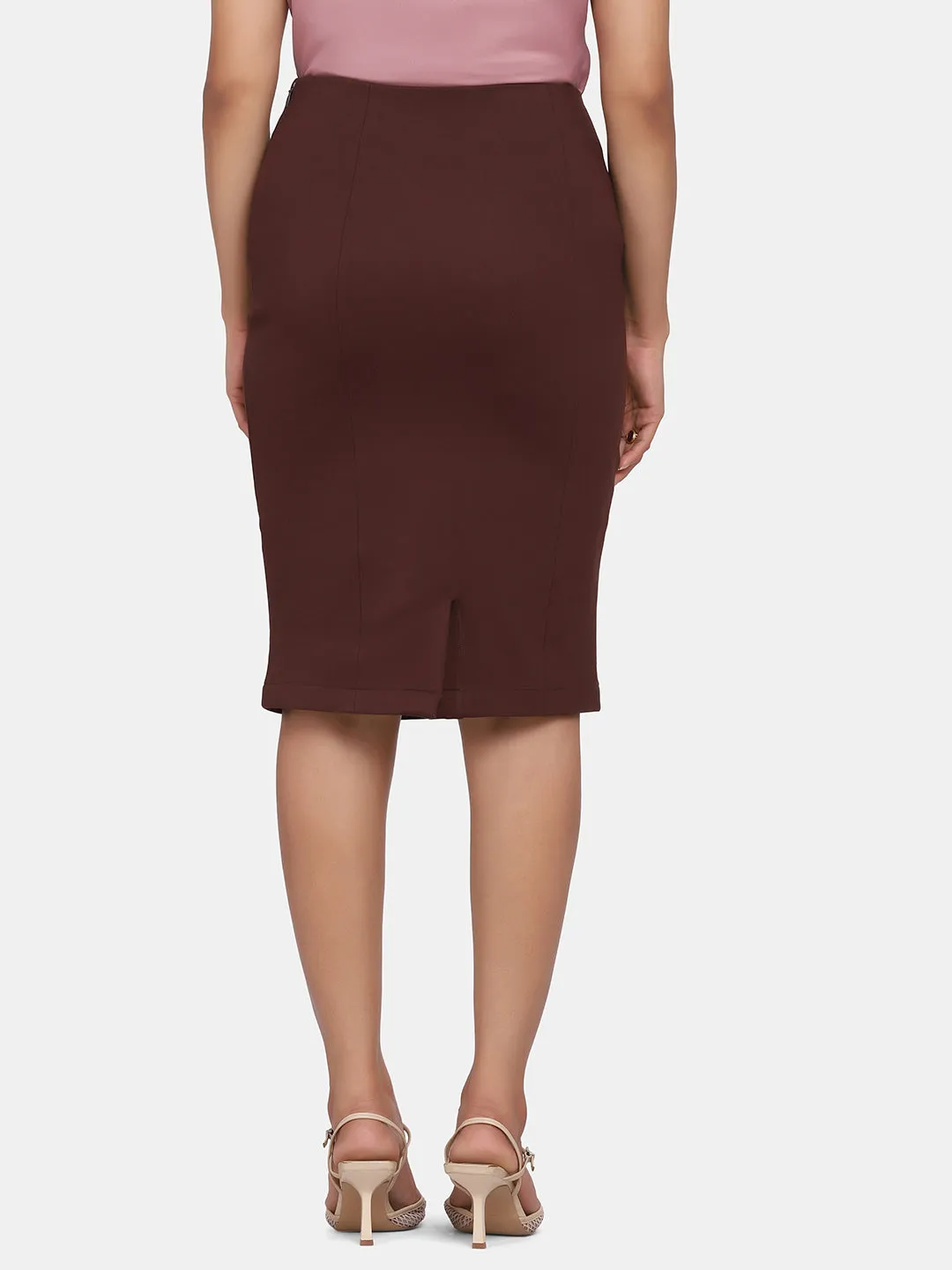 Ladies Stretch Pencil Skirt - Chocolate Brown