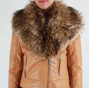 Ladies Tan Vegan Fashion Asymmetrical with Faux Fur Collar