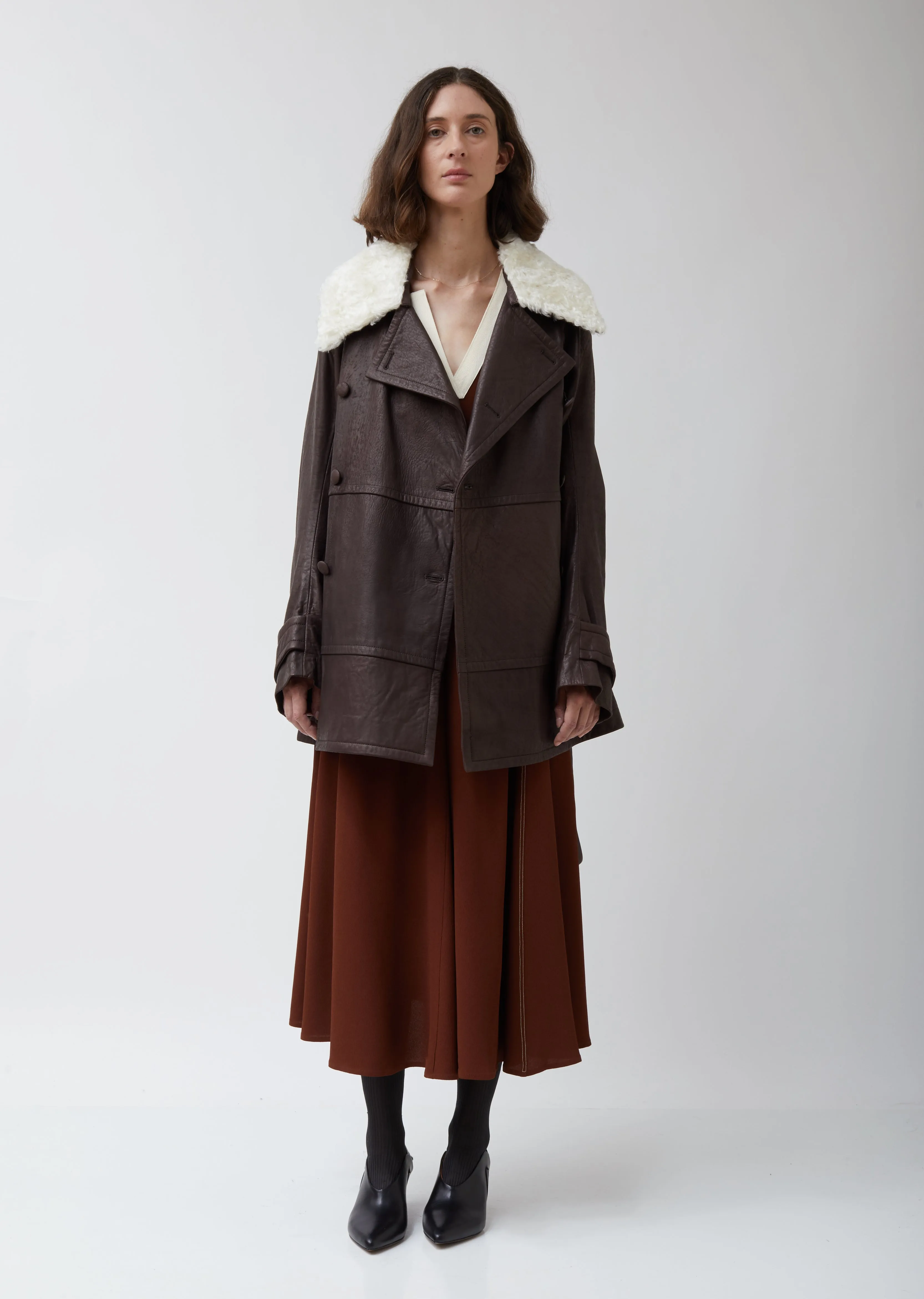 Leather Belted Peacoat with Shearling Collar