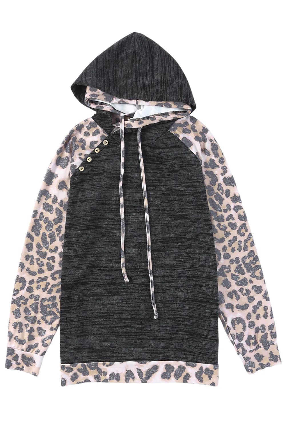 Leopard Colorblock Asymmetrical Button Hoodie