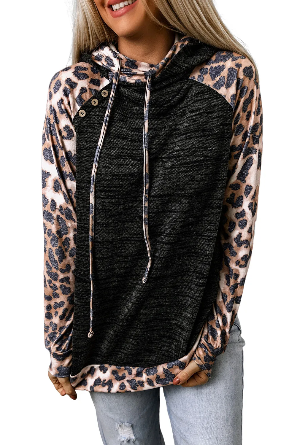 Leopard Colorblock Asymmetrical Button Hoodie