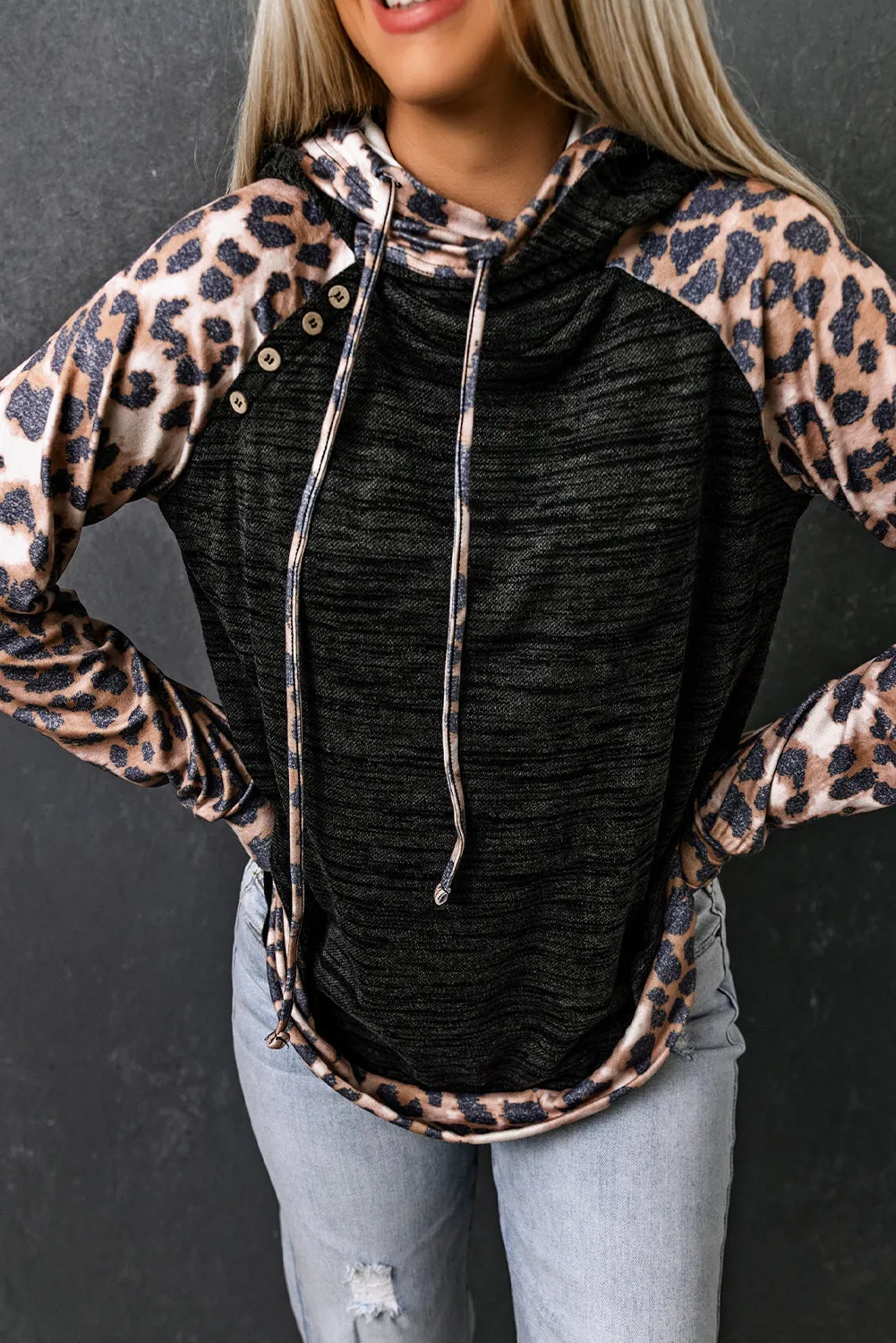 Leopard Colorblock Asymmetrical Button Hoodie