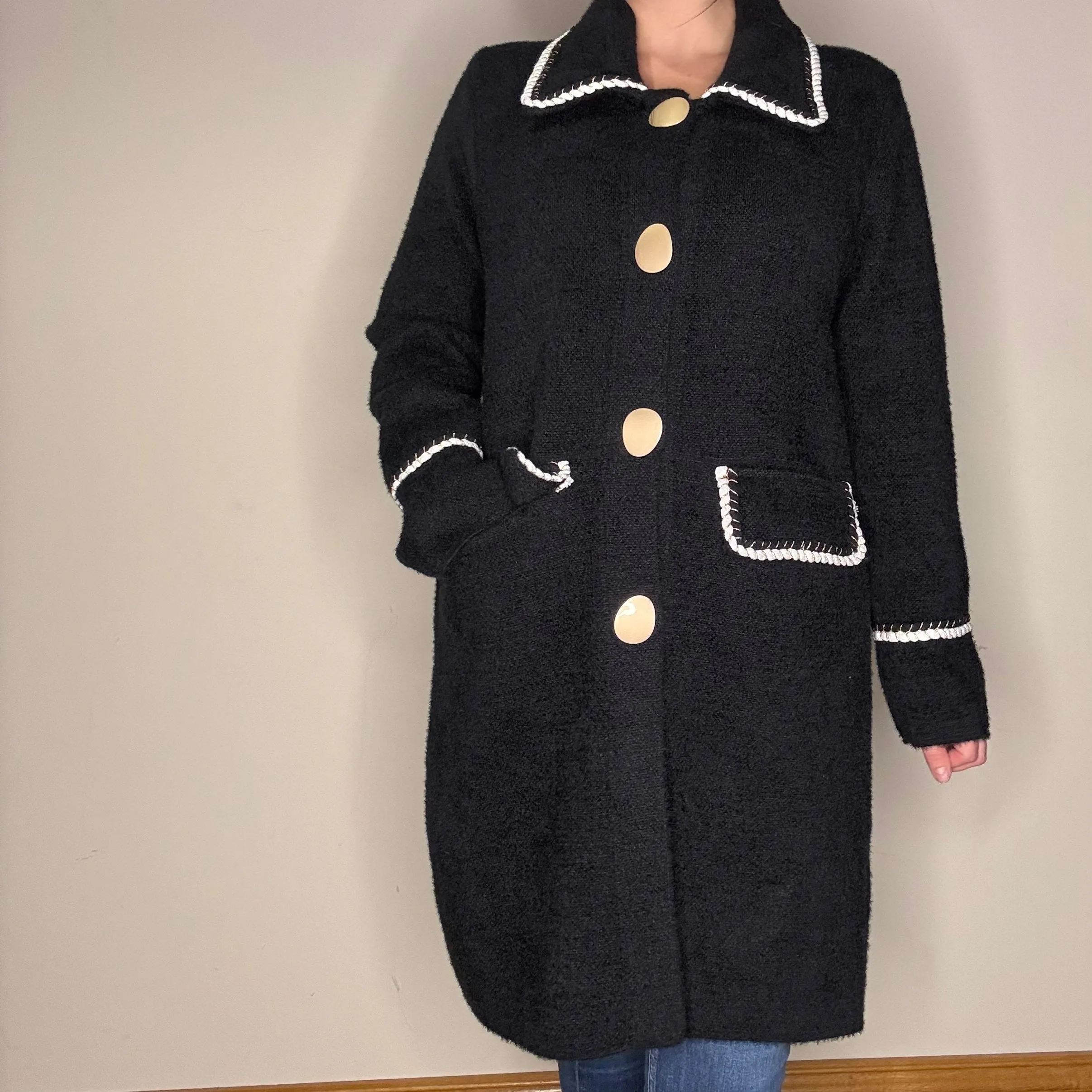 Long Black Coat With Soft Gold Large Buttons