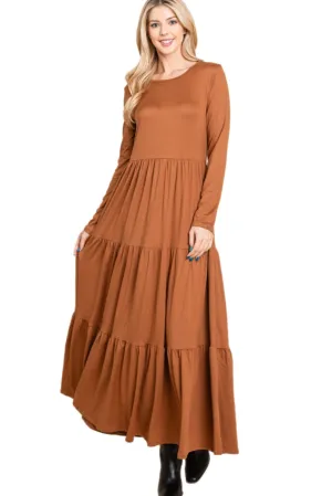 Long Sleeve Maxi Dress Style 1240 in Camel or Olive