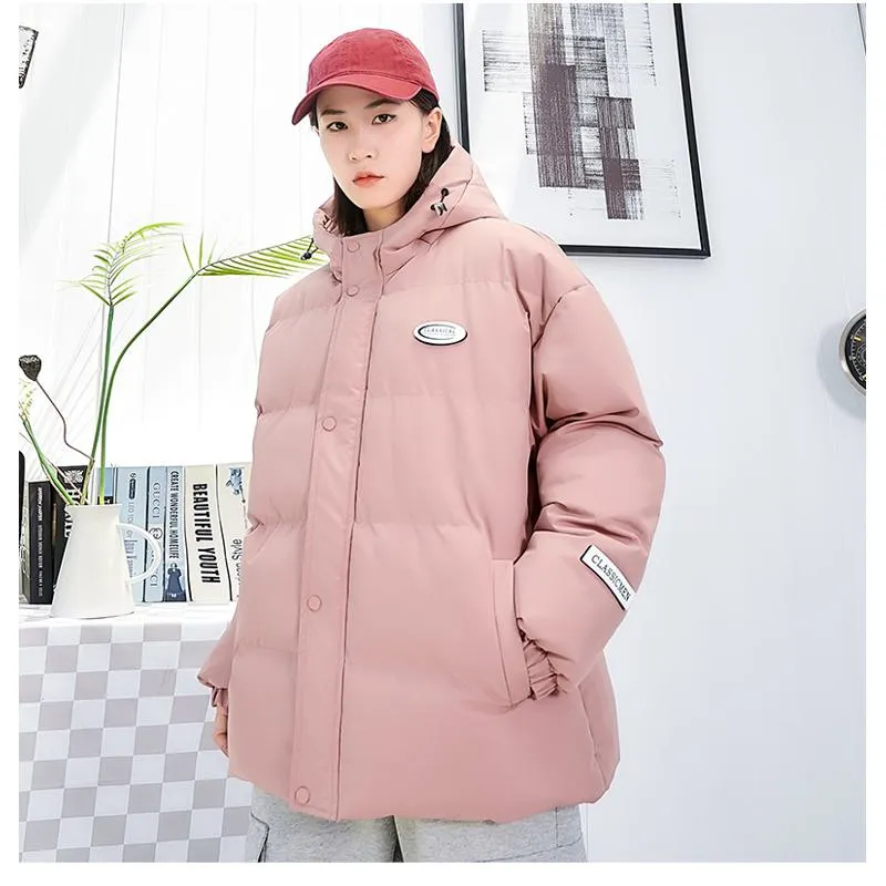 Loose Fit Versatile Casual Hooded Solid Puffer Jacket