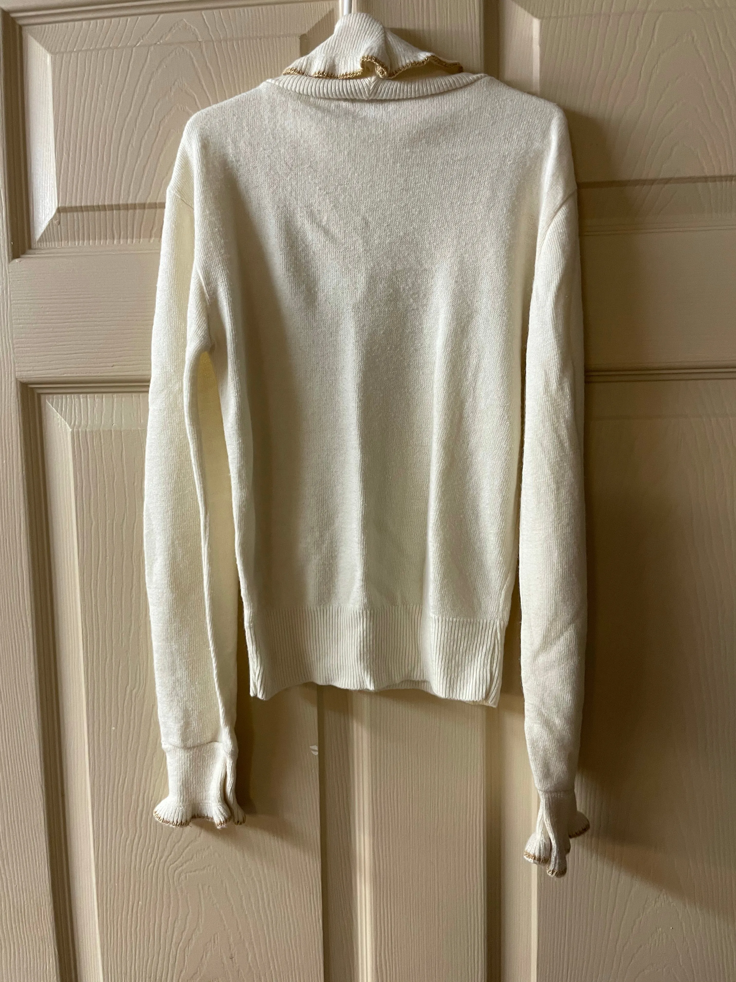 <€€*^ Girls Medium Sz 10T-12T Sears Roebuck Ivory Long Sleeve Sweater Turtleneck Gold Thread