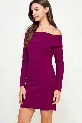 Magenta Long Sleeve Off the Shoulder Mini Dress