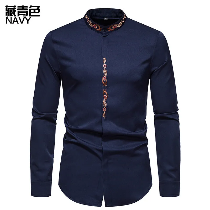 Men Embroidery Floral Fabric Turtleneck Long Sleeves Shirt