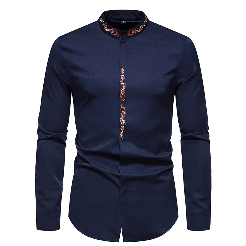 Men Embroidery Floral Fabric Turtleneck Long Sleeves Shirt