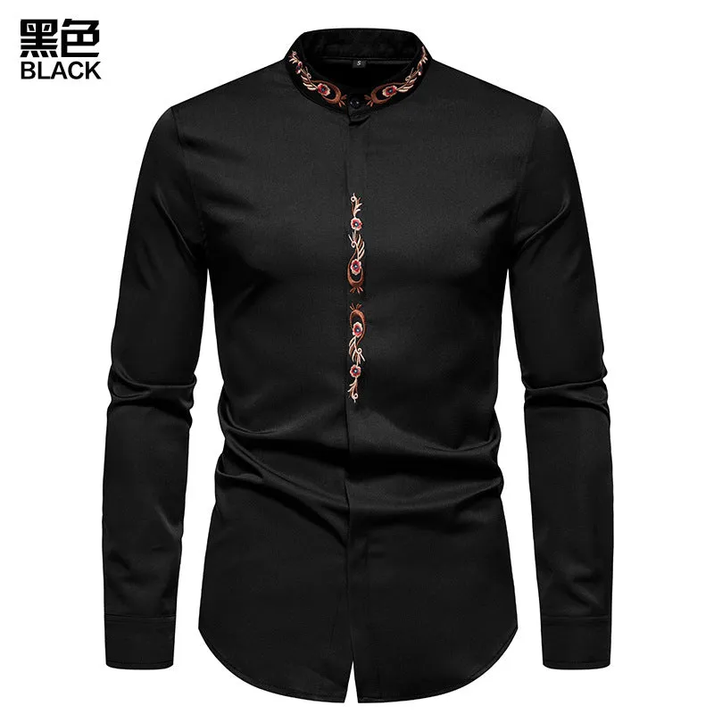 Men Embroidery Floral Fabric Turtleneck Long Sleeves Shirt