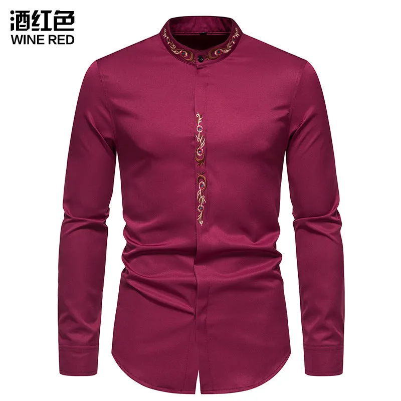 Men Embroidery Floral Fabric Turtleneck Long Sleeves Shirt