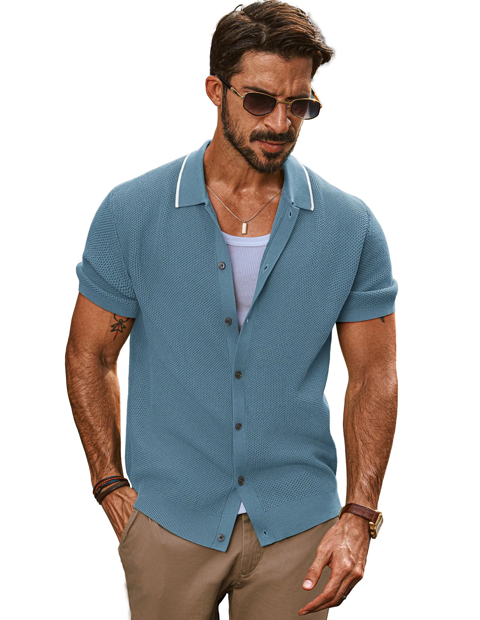 Men Textured Cardigan Short Sleeve Lapel Collar Button-up Sweater Knitwear