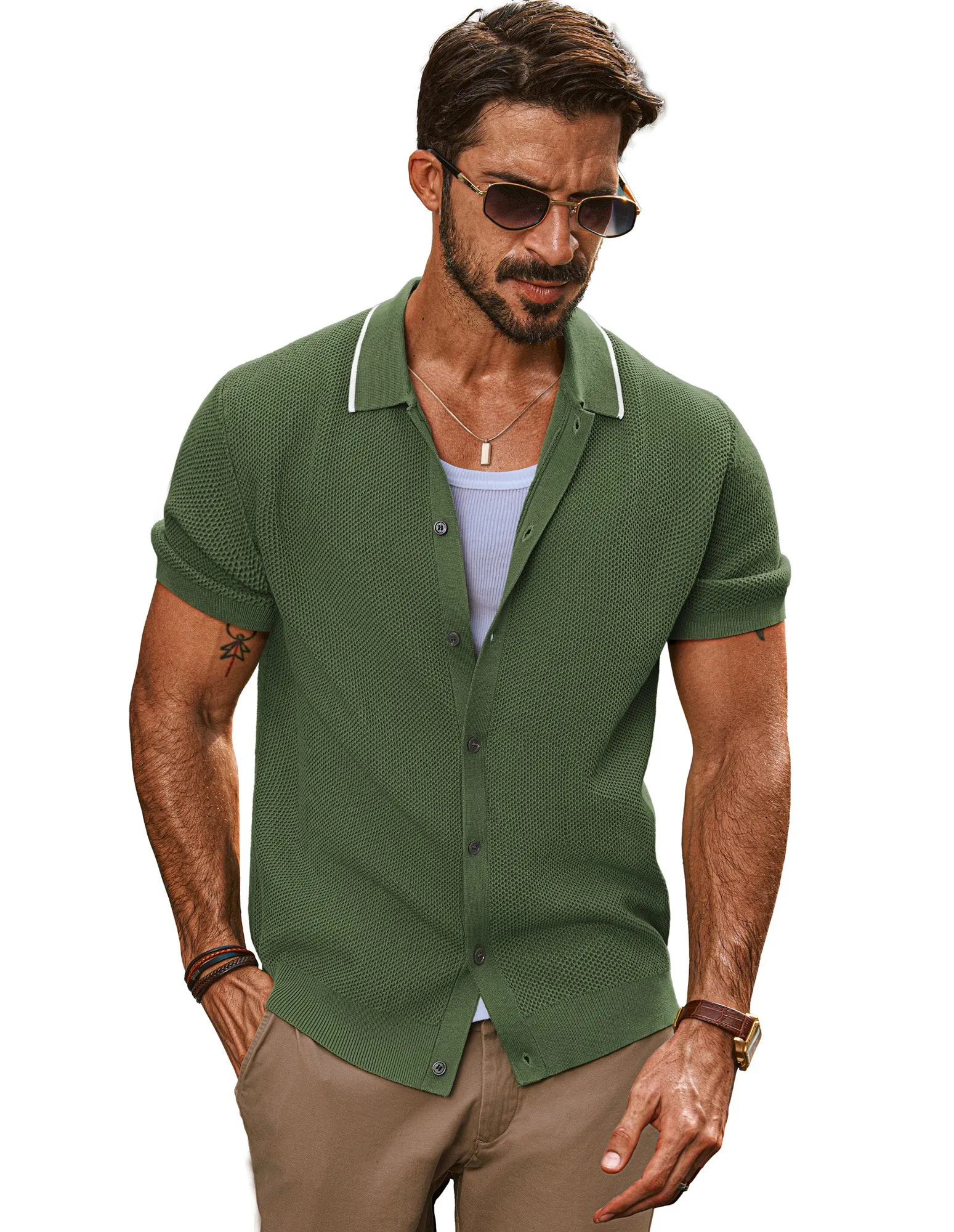 Men Textured Cardigan Short Sleeve Lapel Collar Button-up Sweater Knitwear