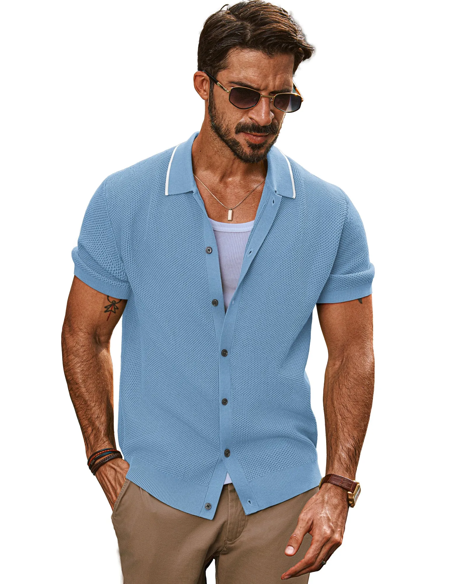 Men Textured Cardigan Short Sleeve Lapel Collar Button-up Sweater Knitwear