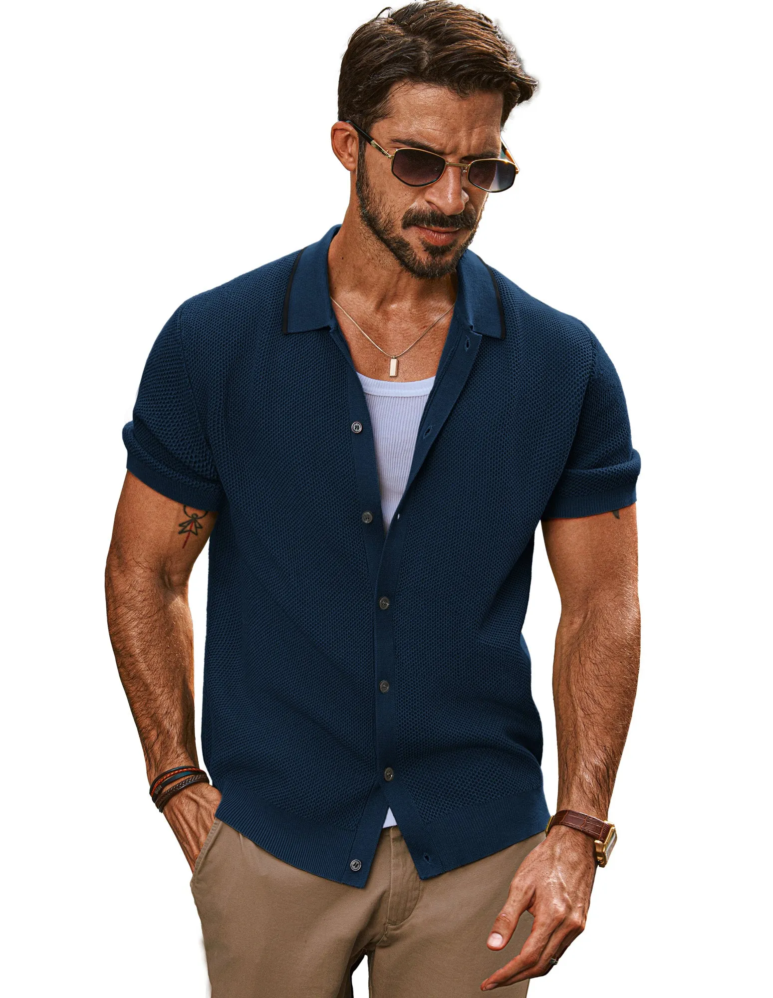 Men Textured Cardigan Short Sleeve Lapel Collar Button-up Sweater Knitwear