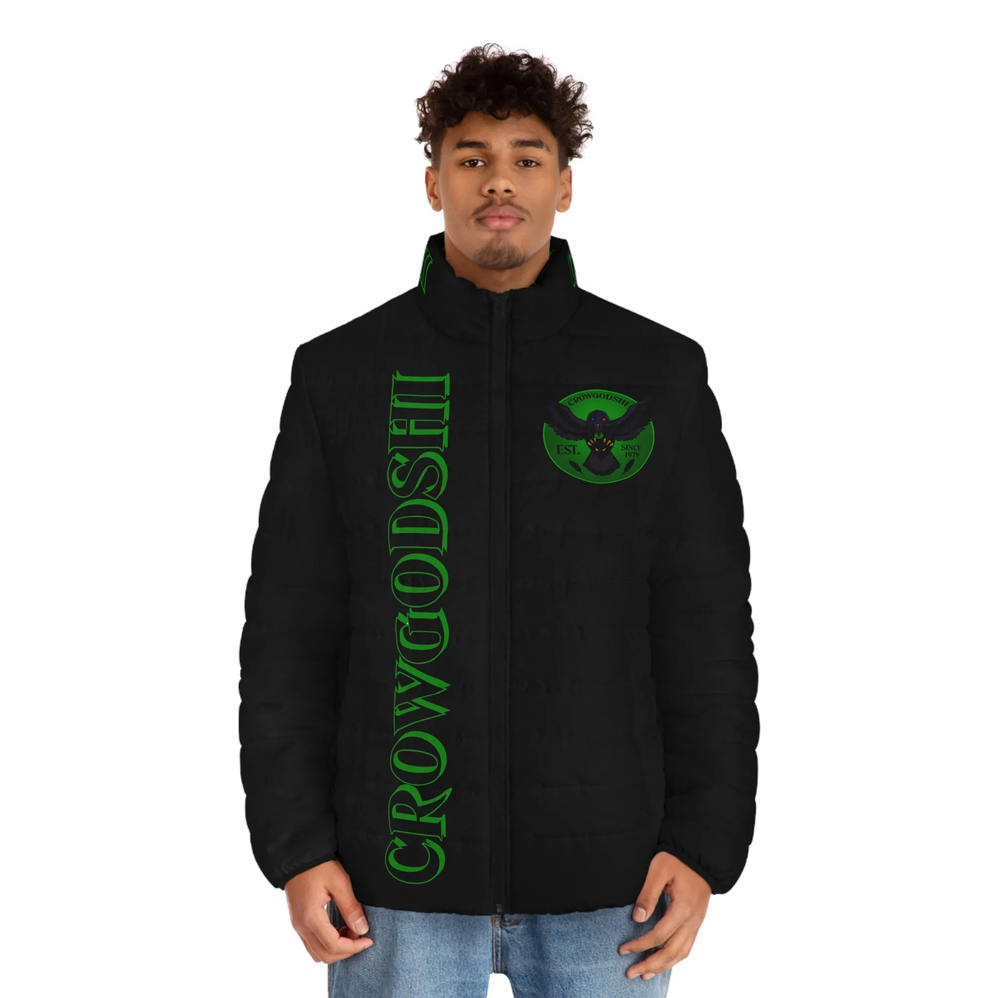 Men's CROWGODSHI 2nd GEN Puffer Jacket, BLACK W/ GREEN LOGO