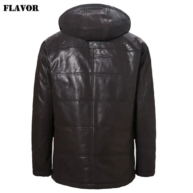 Men's Real Leather Jacket with Removable Hood and Fur Collar