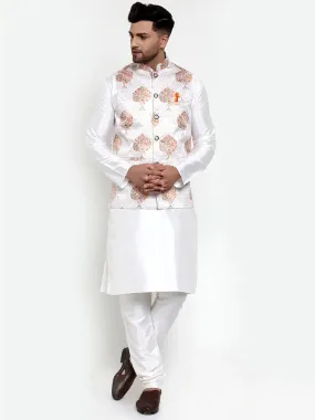 Men'S Solid Dupion Kurta Pajama With Printed Nehru Jacket