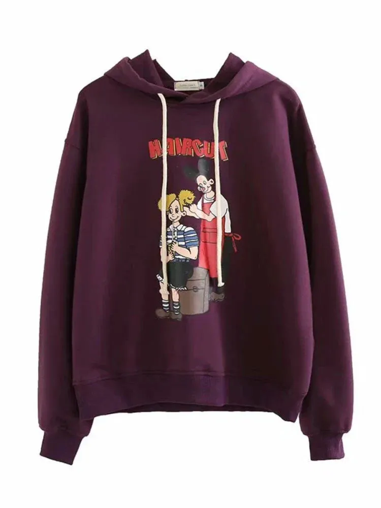 Metaversmall Purple Cartoon Print Women Hooded Sweatshirt Autumn Winter Girl Sporty Chic Hoodies Sweet Style Casual Pullover Tracksuits