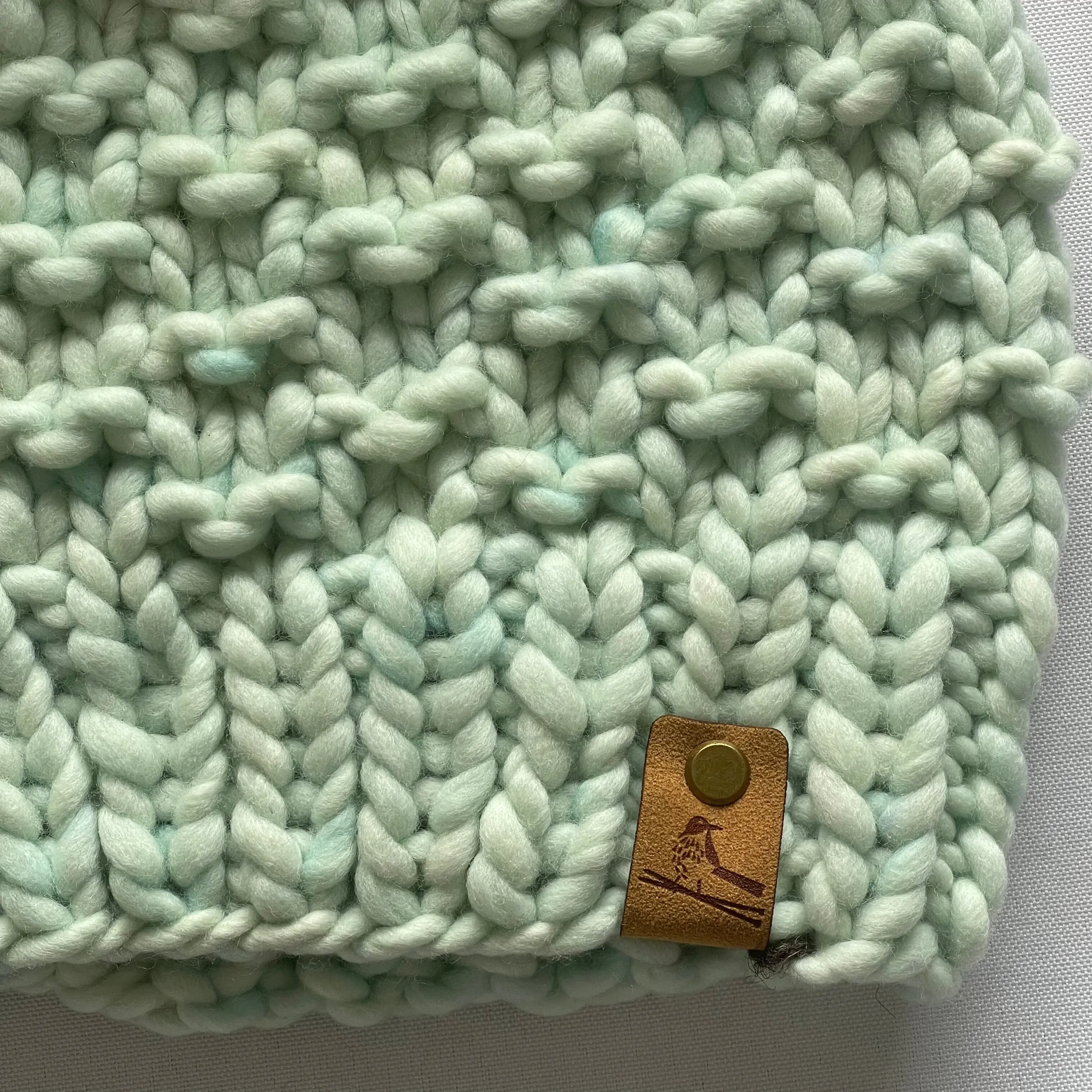 Mint Green Luxury Merino Wool Knit Hat with Faux Fur Pom Pom